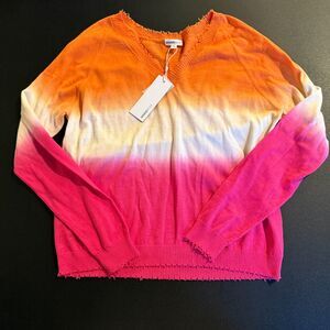 NWT Minnie Rose Cashmere Blend Ombre Distressed V-Neck Sweater M Orange Pink